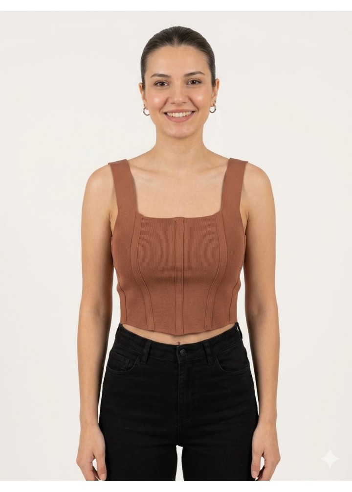 Karamel rengi crop Çelik triko