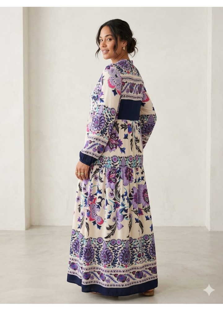 Viskon uzun çiçek desenli modest elbise
